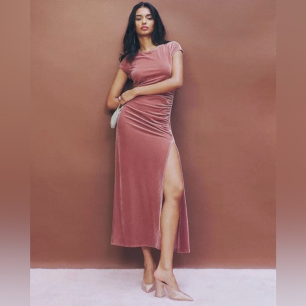 New Reformation Brecken Velvet Dusty Pink Slit Dress